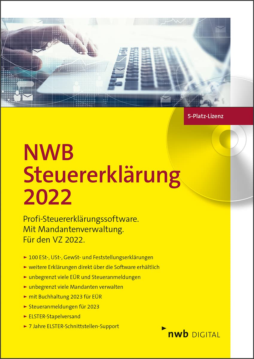 NWB Steuererklärung 2022 - 5-Platz-Lizenz: Profi-Steuererklärungssoftware. Für den VZ 2022. Mit Buchführung 2023 für EÜR. 7 Jahre Elster-Schnittstellen-Support. CD-Version.