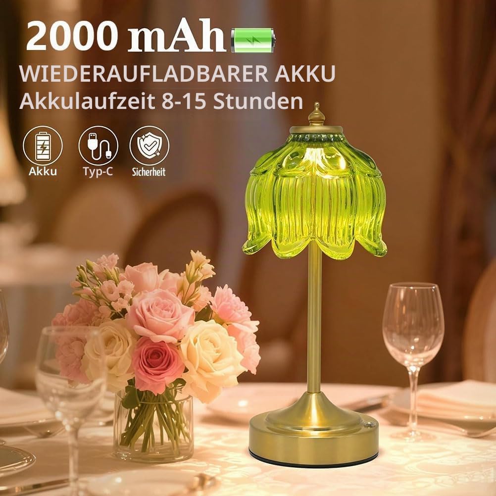 LED Vintage Tischlampe Dimmbar mit Touch Control Gold Tischleuchte mit Glas Lampenschirm Nachttischlampe Ohne Kabel Batterie Lampe USB Aufladbar 2000mAh Deko Lampe für Schlafzimmer Wohnzimmer,D
