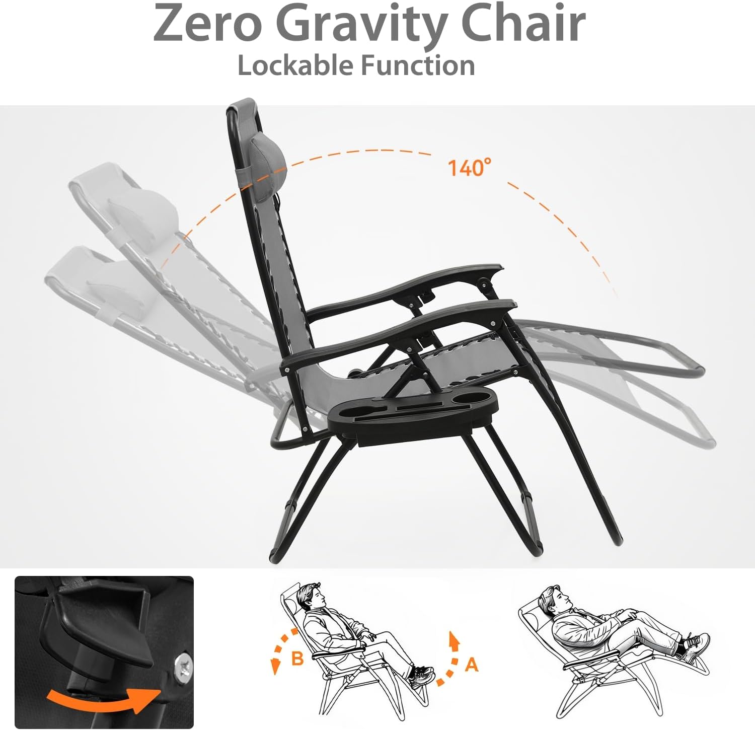 OS MOTOR Zero Gravity Chairs, Portable Folding Reclining Lounge Chairs with Adjustable Pillow and Cup Holder Trays for Outdoor, Patio, Beach, Camping, Garden, Poolside, Set of 2 Gray