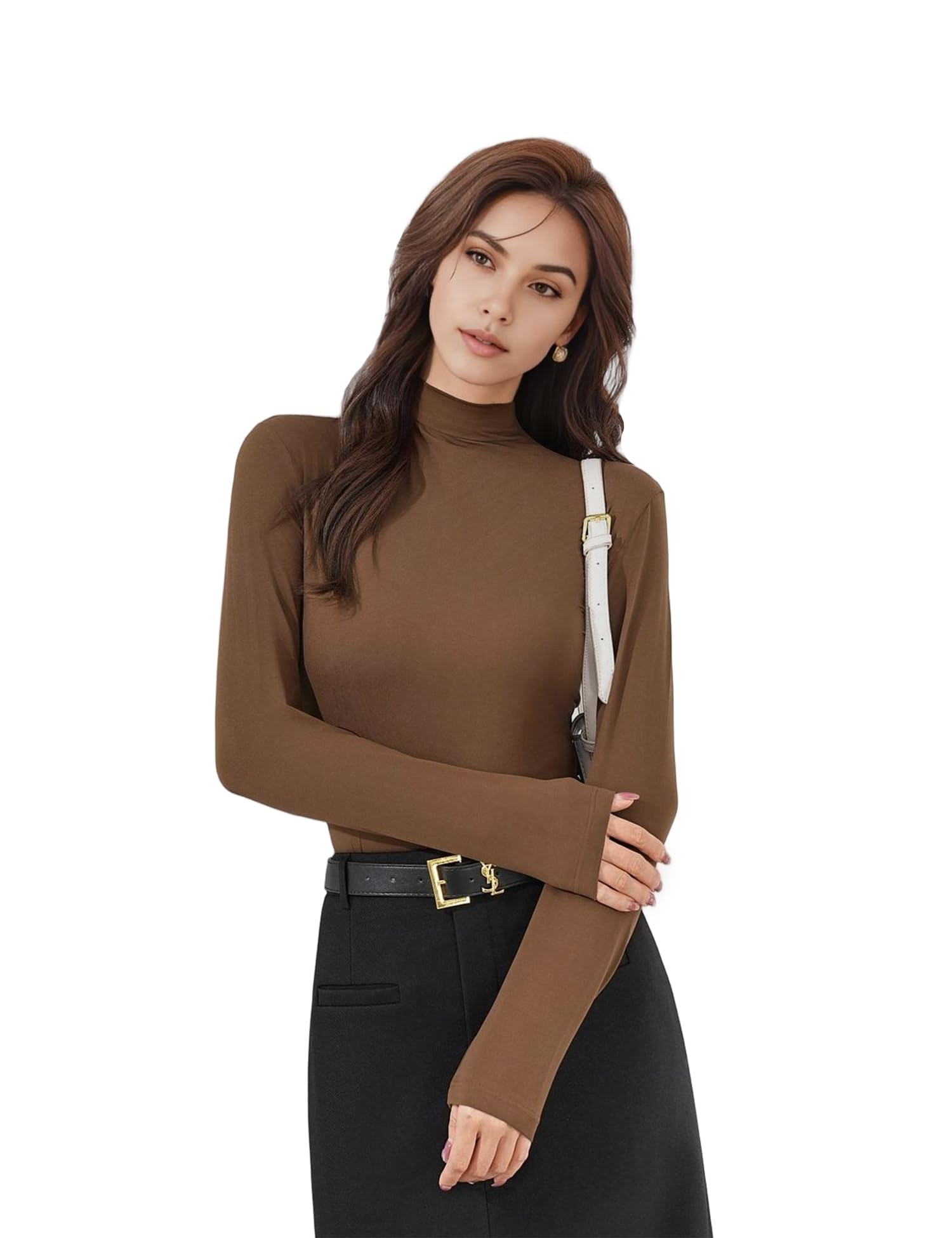 Women's Long Sleeve Mock Neck Top -Slim Fit Stretch Basic Tee Blouse, Soft Thermal Pullover for Winter & Fall, Versatile for Layering, Casual, Office
