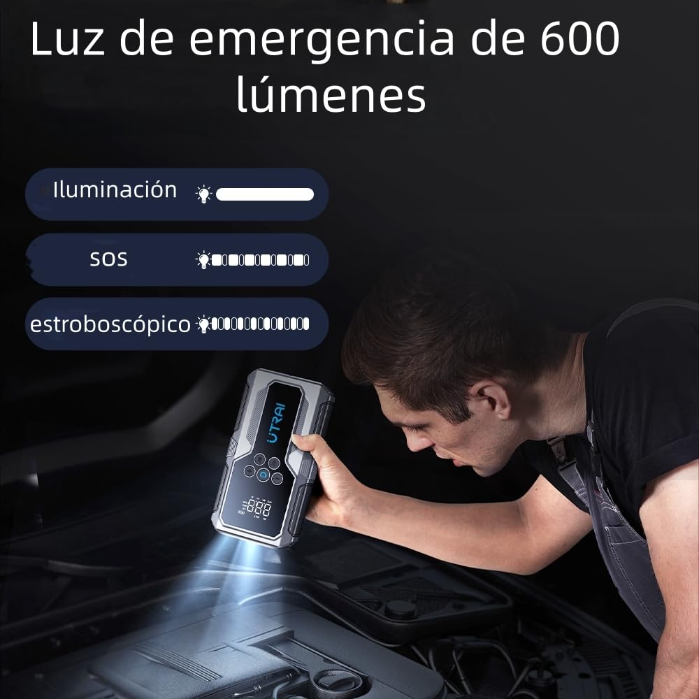 Arrancador de Baterías de Coche con Compresor de Air,UTRAI Arrancador de Coches(9L Gasolina o 7.5L Diesel)con 18W Carga Rápida,Pinzas de arranque forzado,5000A Jump Starter,Linterna LED Salida