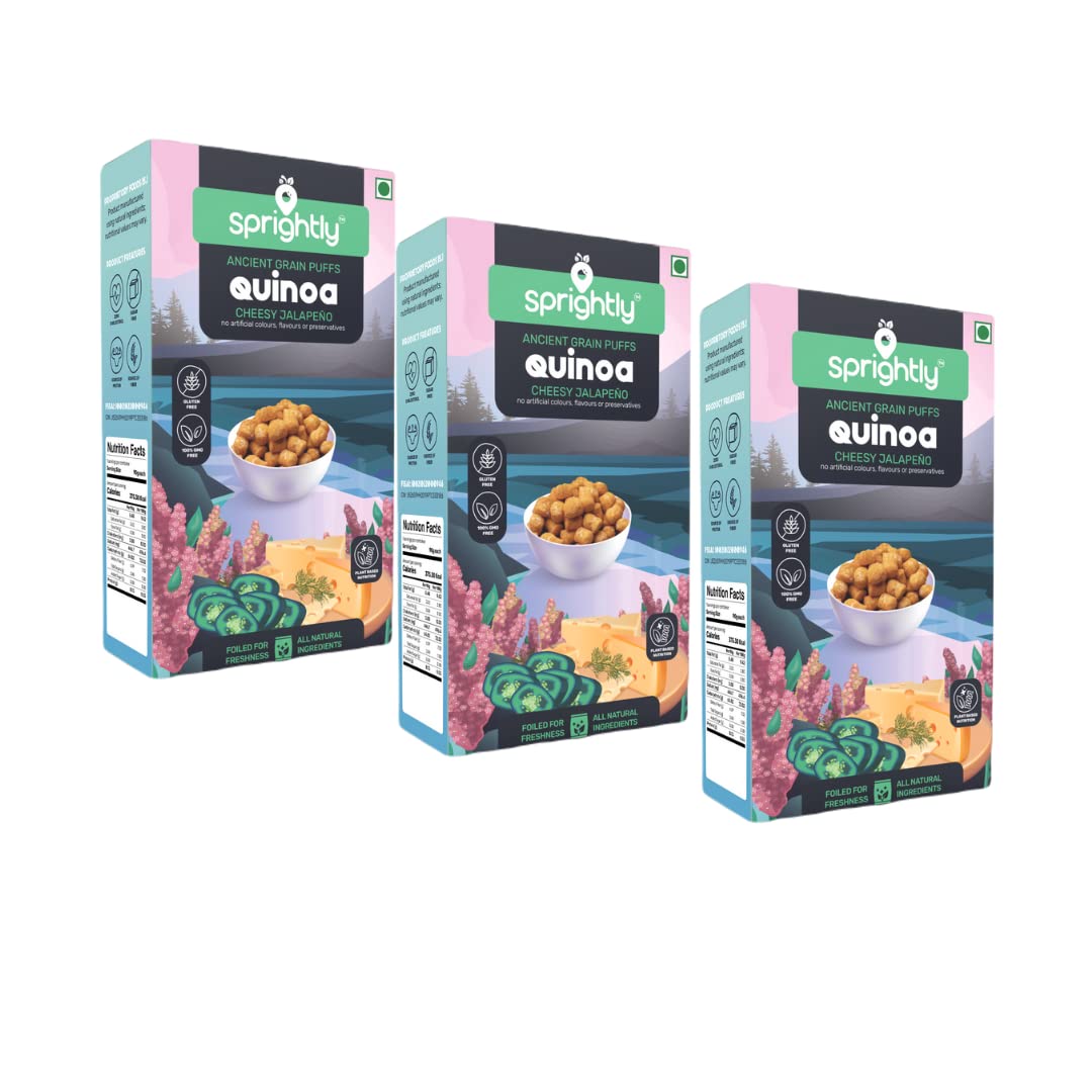 Sprightly Cheesy Jalapeno Quinoa Puffs, Gluten Free for Diabetics, Roasted Puffed Snacks for Weight Loss, Healthy Snacks for Kids & Pregnant Women, Mother's Day Gifts, Diet Food (Pack of 3, 270g) 90g each