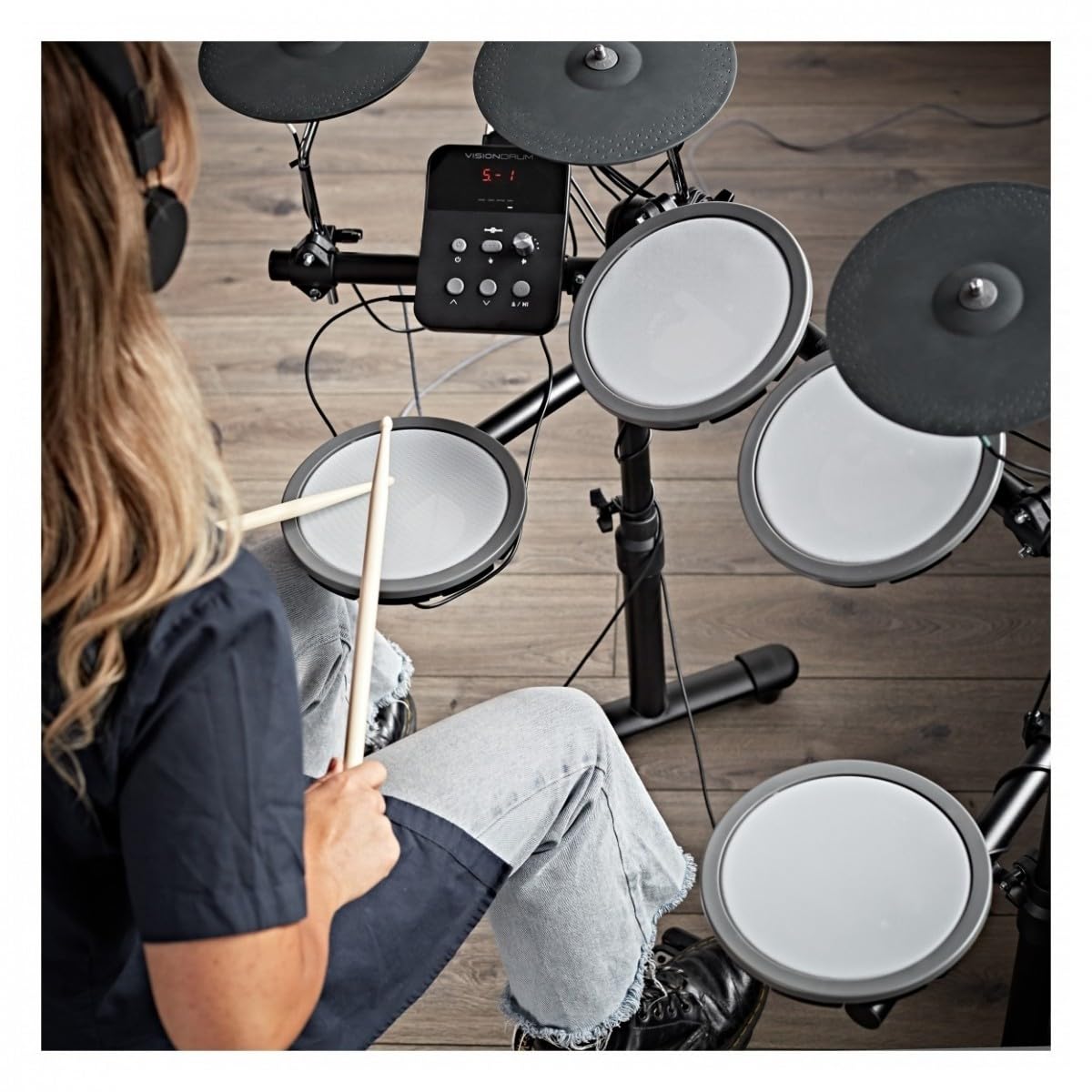 VISIONDRUM Batería Electrónica Niños y Adulto, 7 Pads en Malla, Azul | Kit de Batería Eléctrica, Altura Regulable, Diseño Plegable, Auriculares, Taburete y Baquetas Incluidos