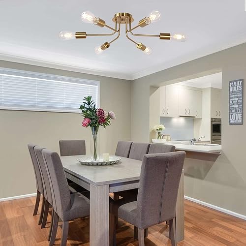 Miniatura 2 de Iluminación de techo moderna de mediados de siglo, lámpara industrial semiempotrada, lámpara Sputnik de 6 luces de latón cepillado para cocina,