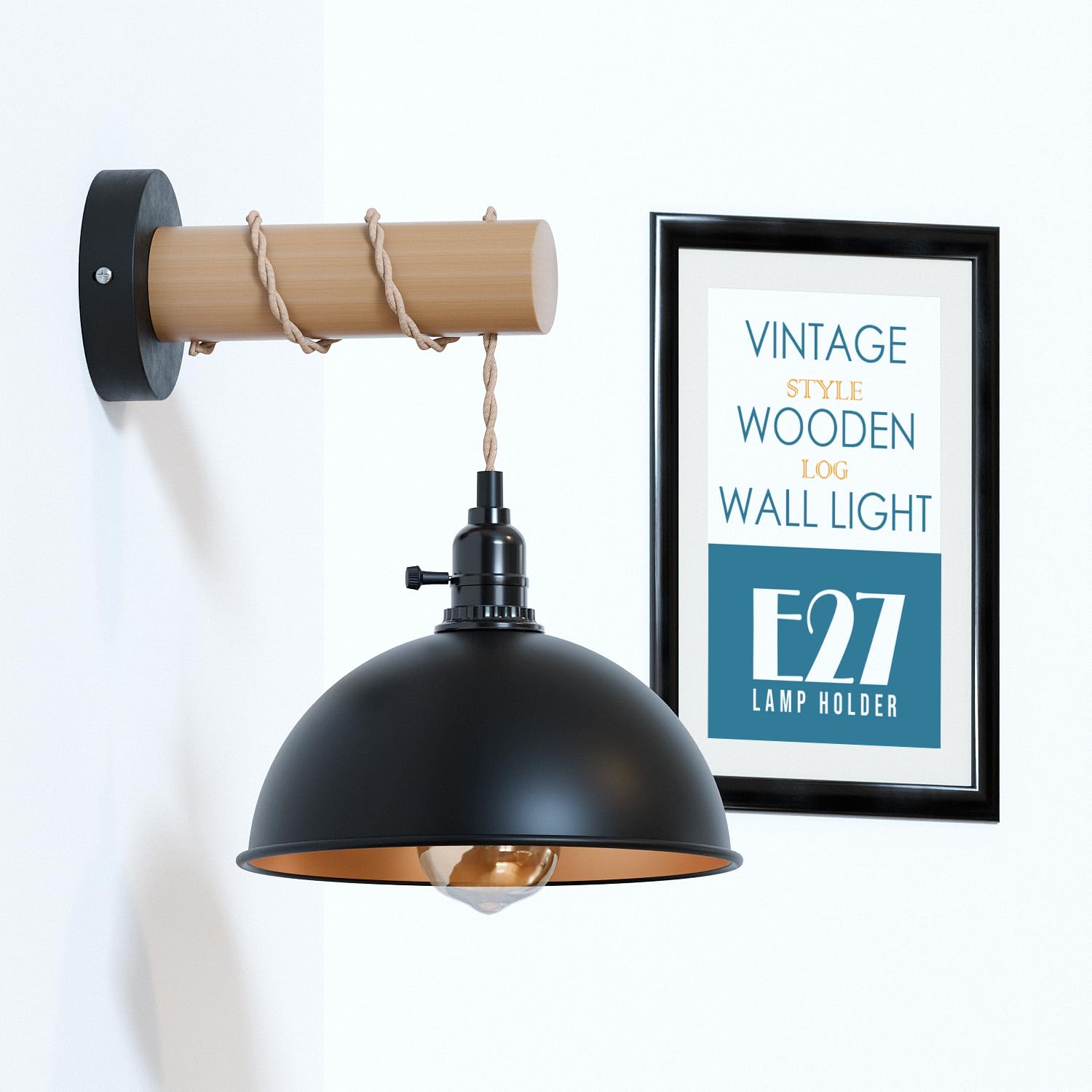 LEDSone Vintage Wood Wall Lamp, Blend of Wood and Hemp Rope, Black E27 Sconce Lights, Industrial Rustic Wall Lighting for Living Room, Bedrooms, Hallway, Corridor (Black Inner Gold with Bulb)
