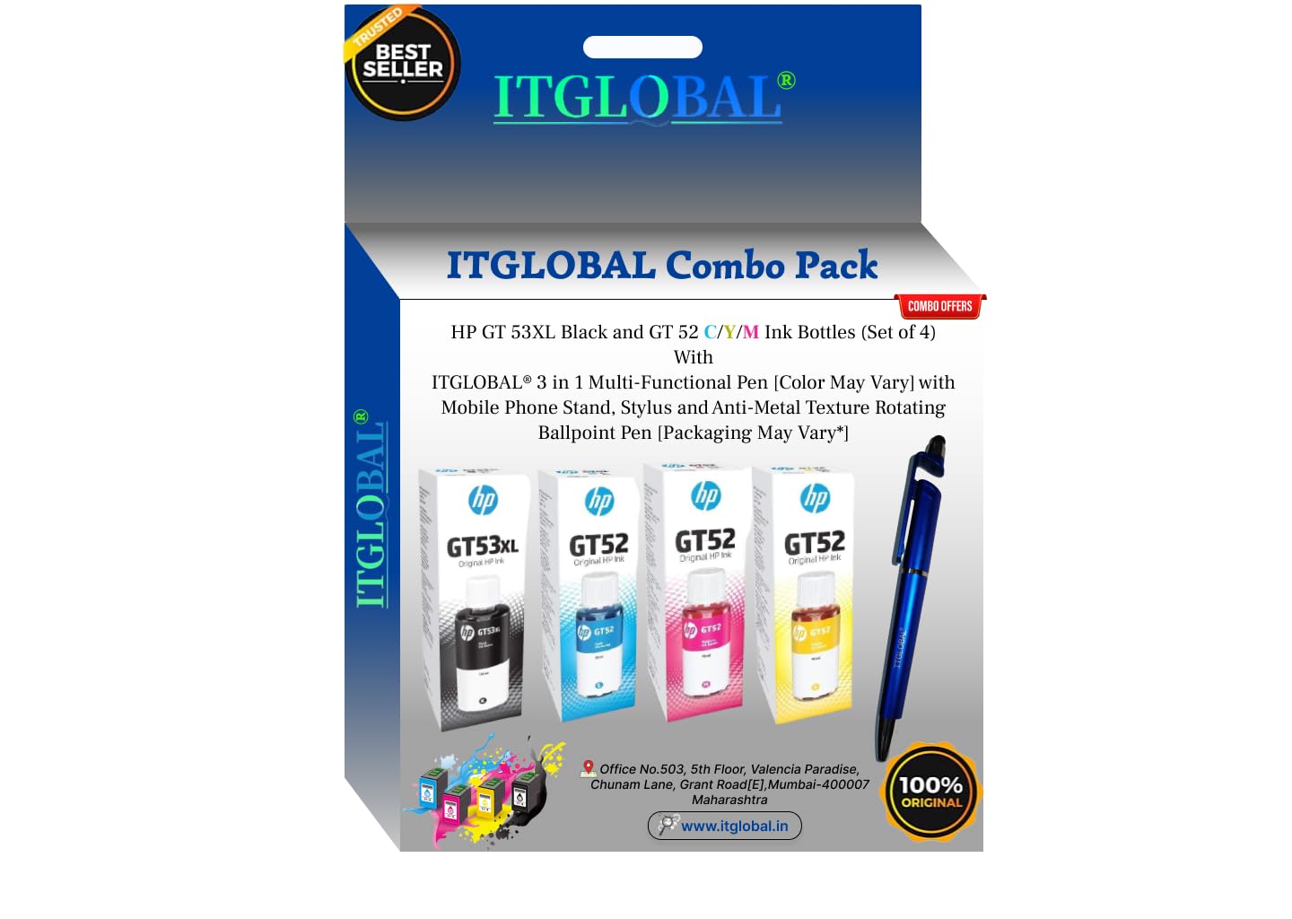 ITGlobal Combo Value Pack - HP GT53XL Black GT 52 C/Y/M Ink Bottles (Set of 4) with 3in1 Multi-Function Mobile Phone Stand, Stylus Pen, Anti-Metal Texture Rotating Ballpoint Pen (Very Colors)