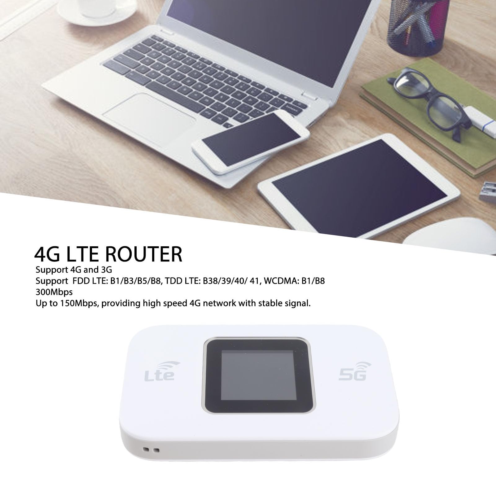 Modem WiFi 4G LTE, Alta velocità 300 Mbps schermo colore, Connessione crittografia WPA2, Portatile per viaggio fino a 10 dispositivi tablet laptop