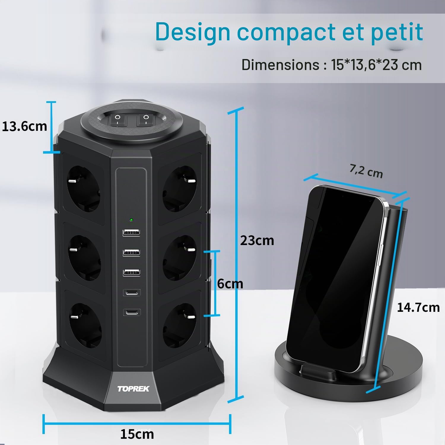 TOPREK Tour Multiprise avec Interrupteur Parafoudre, 12 Prises, 5 USB, Cube
