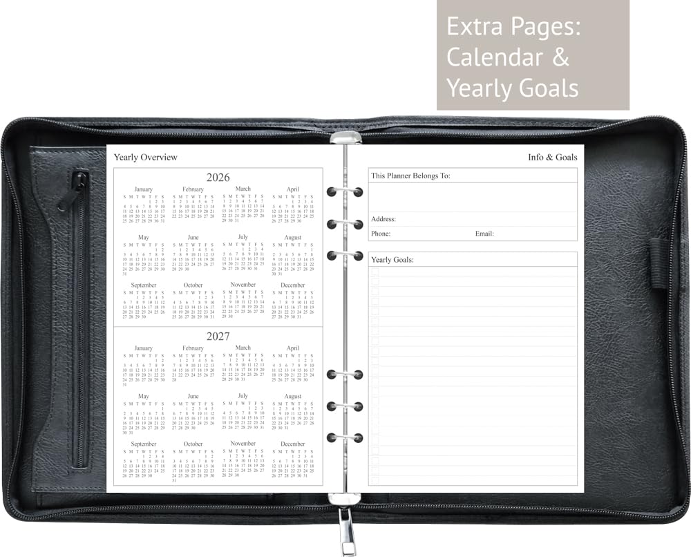 Fan&Ran Agenda 2026 con cremallera, carpeta de 6 anillas con inserciones semanales, tamaño A5, color negro