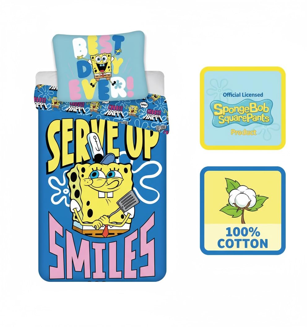 Set di Biancheria da Letto SpongeBob SquarePants 100% Cotone | Copripiumino per Letto Singolo per Bambini 140x200 cm + Federa 60x65 cm | Stampa Cartone Animato "Serve Up Smiles" | Morbido e