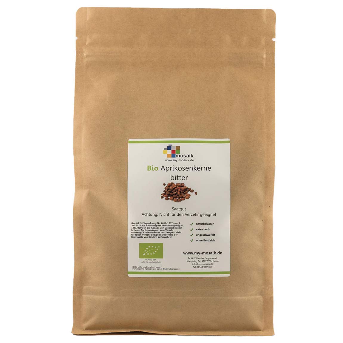 Bio Aprikosenkerne bitter Qualität "extra herb" 3x500g von my-mosaik - hoher Bitteranteil, naturbelassen, wenig Bruchanteil, ungeschwefelt, ohne Pestizide, Saatgut