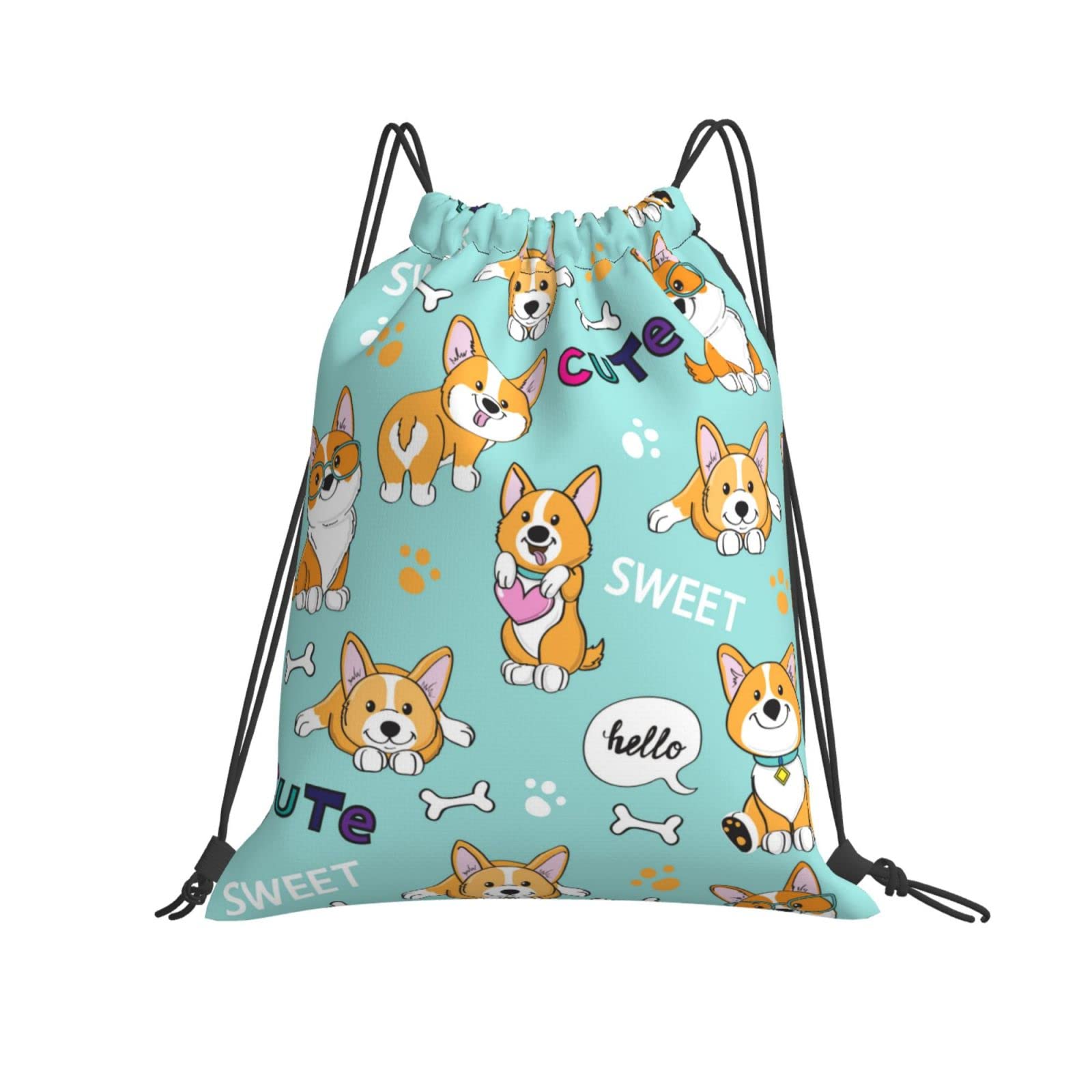 Unisex Drawstring Backpack Cute Dogs Corgi Blue Gympack String Bag Casual Daypack