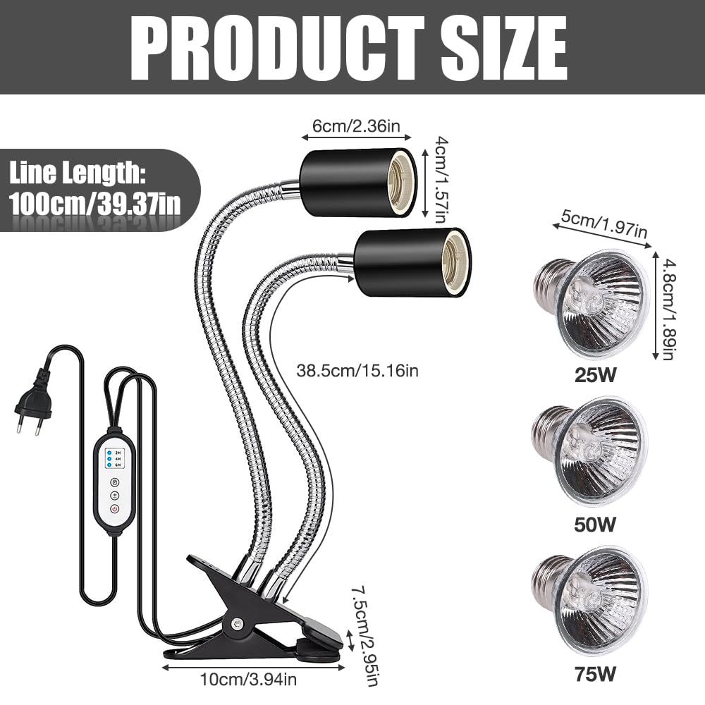 Lampada UVA/UVB Per Tartarughe E Rettili - 75W Con Timer, 2 Pack E Portalampada - Foto 9