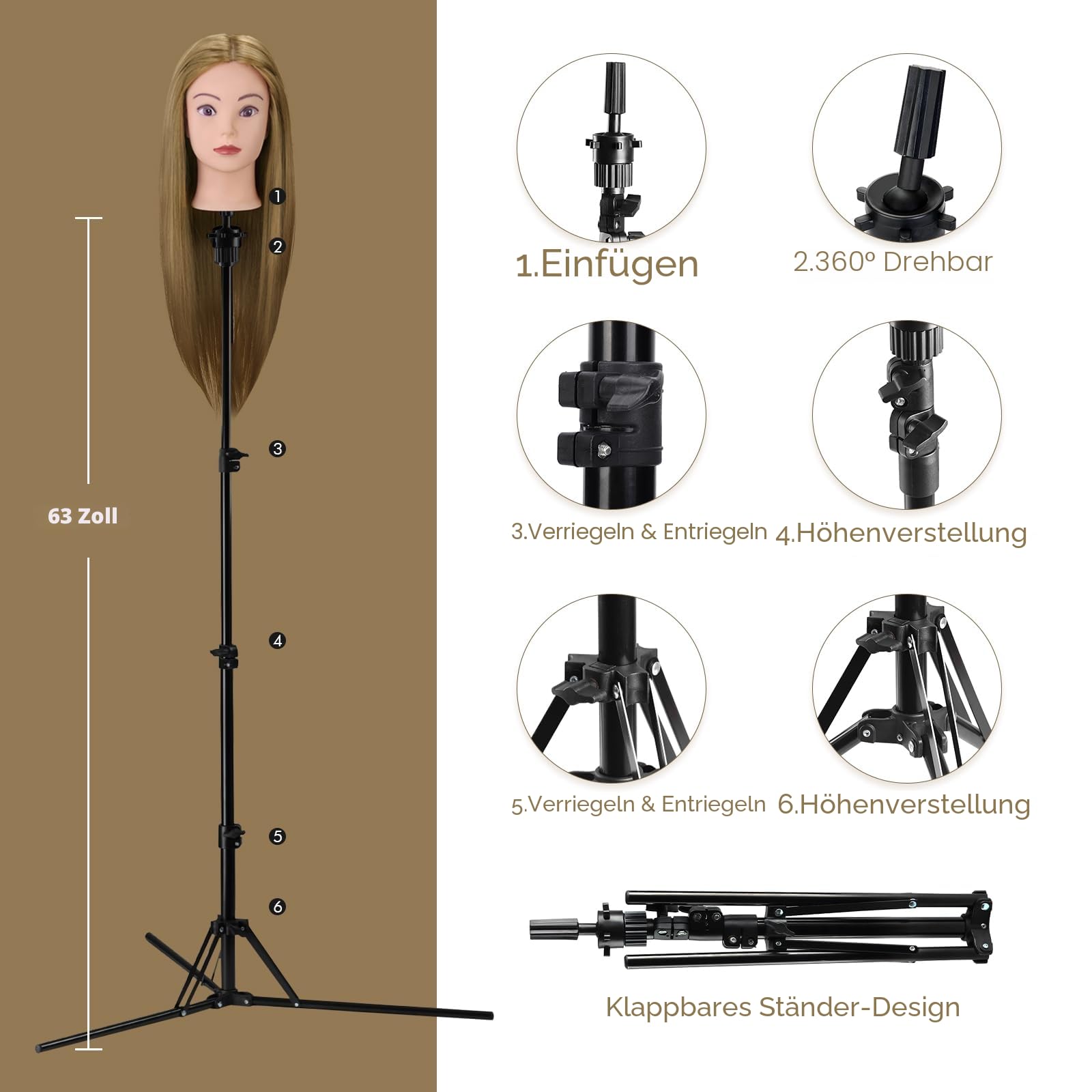 Neverland Beauty Frisierkopf mit Übungskopf ständer,71cm 60% Frisierkopf Echthaar,Puppenkopf zum Frisieren,Trainingsköpfe für Friseure Ausbildung Kopf Mit Halter + DIY Haare Set(Blond)