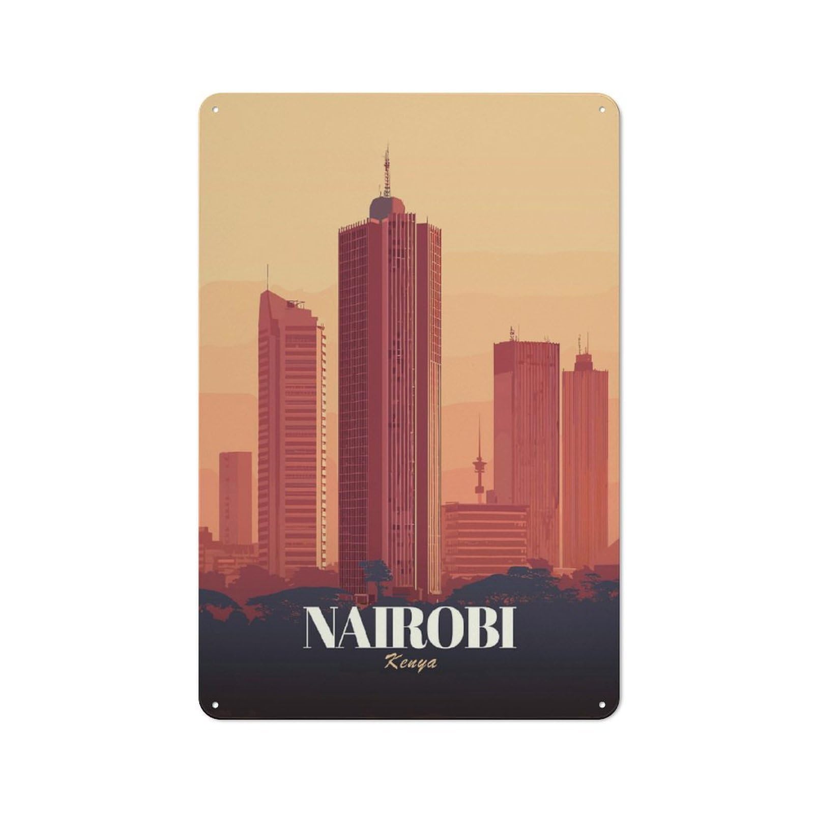 Farmhouse Metal Sign with Nairobi Kenya Skyline Illustration Design 30x20cm, Rustic Country Wall Plaque for Cottage, Kitchen, Hallway Or Breakfast Nook