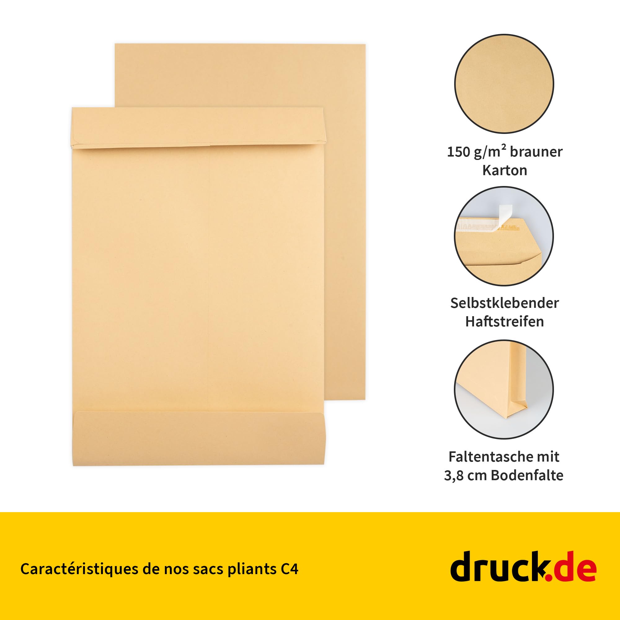 Lot de 250 enveloppes C4 avec soufflet de fond de 3,8 cm, épaisseur du matériau 150 g/m², bande autocollante, emballage d'enveloppe d'expédition, marron