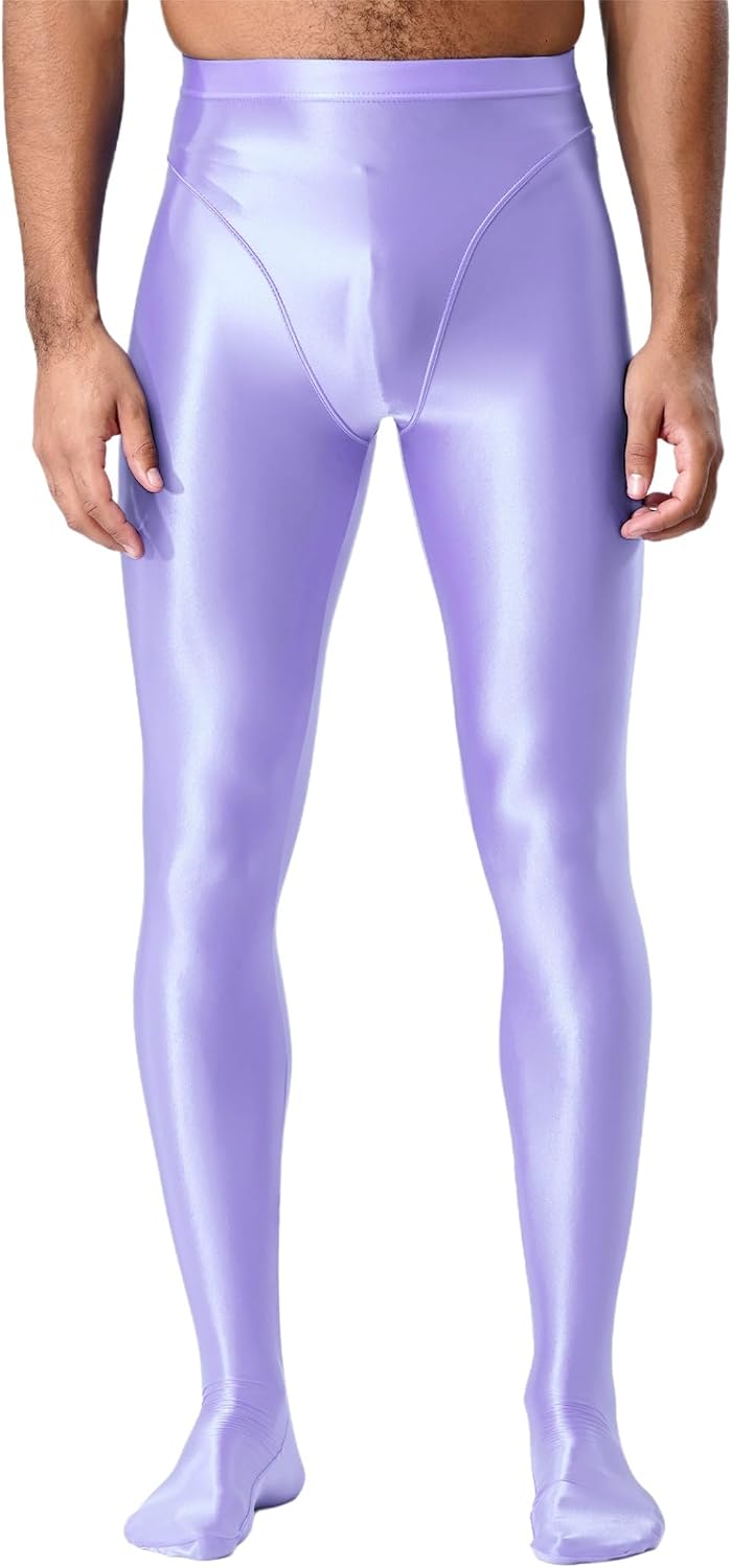 Men's Wetlook Glossy Shiny Smooth Elastic Waistband Footed Leggings Slim Fit Tights