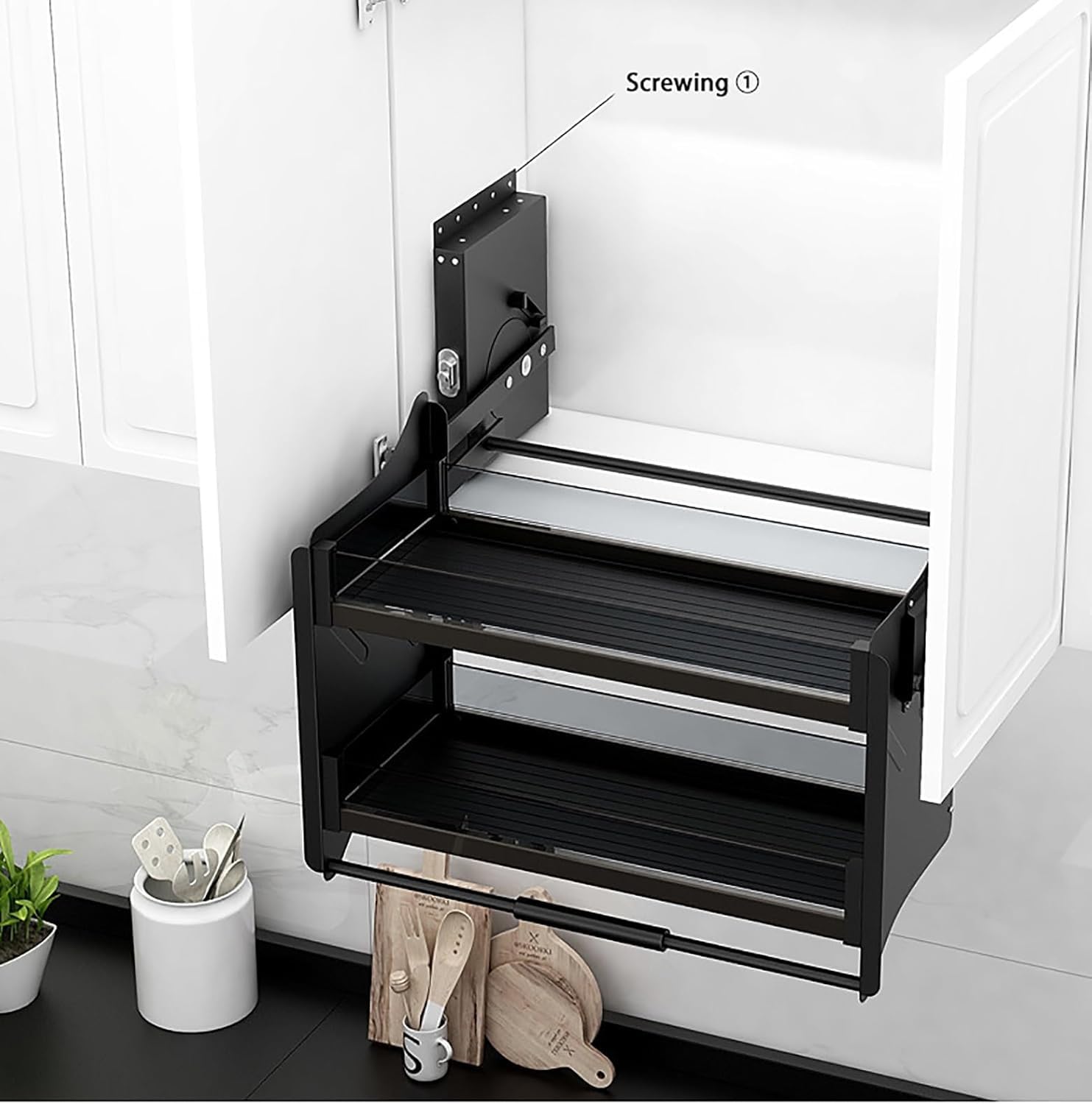 Organizer da cucina a 2 ripiani estraibile per armadio da cucina con ripiano integrato salvaspazio per utensili sollevabili, nero, monocolore, armadio da 90 cm