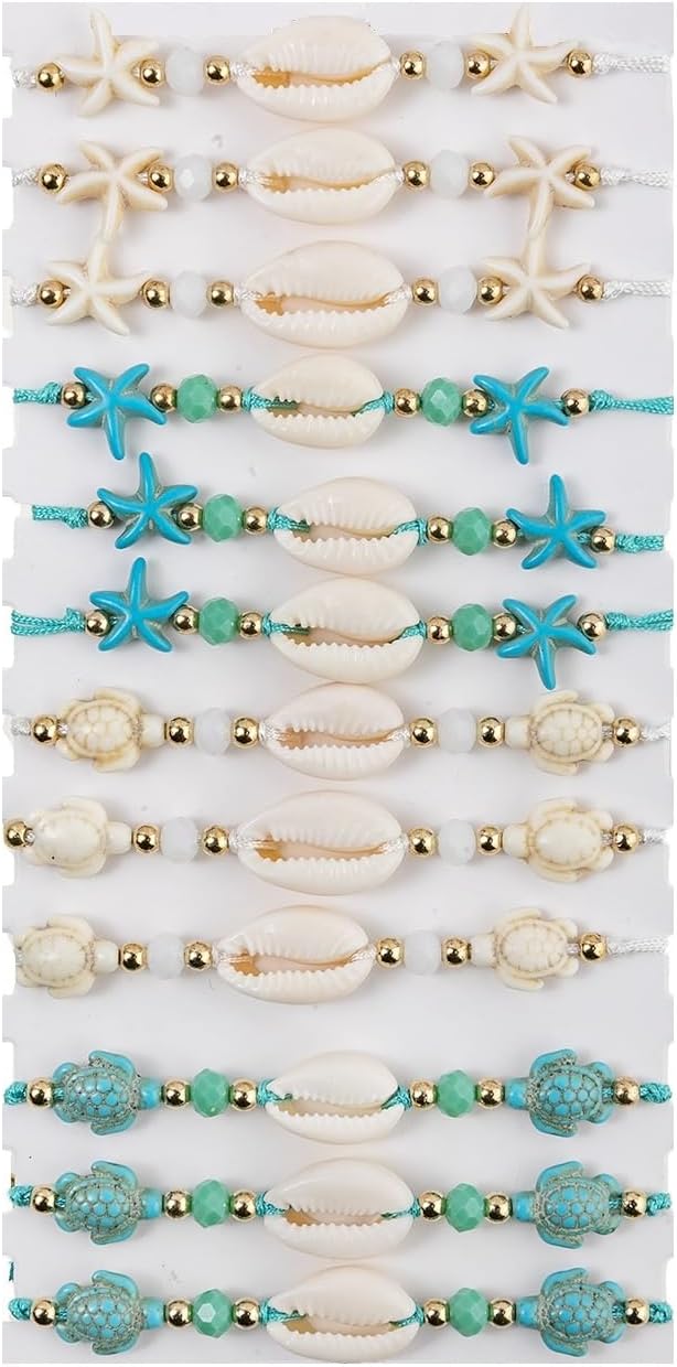 12pcs Sea Shell Turtle Braided Bracelets Handmade Woven Starfish Turquoise Turtle Waterproof Wristlets for Women Bohemian Turquoise Beaded Bracelet Summer Beach Jewelry