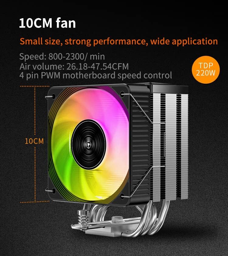 Close-up of the 10cm fan on the JIUSHARK JF100RS CPU Air Cooler, showing its dimensions and specifications.