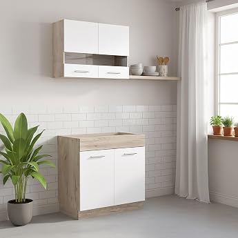 Homestyle4u Single Kitchen 80 cm White / Oak without Appliances