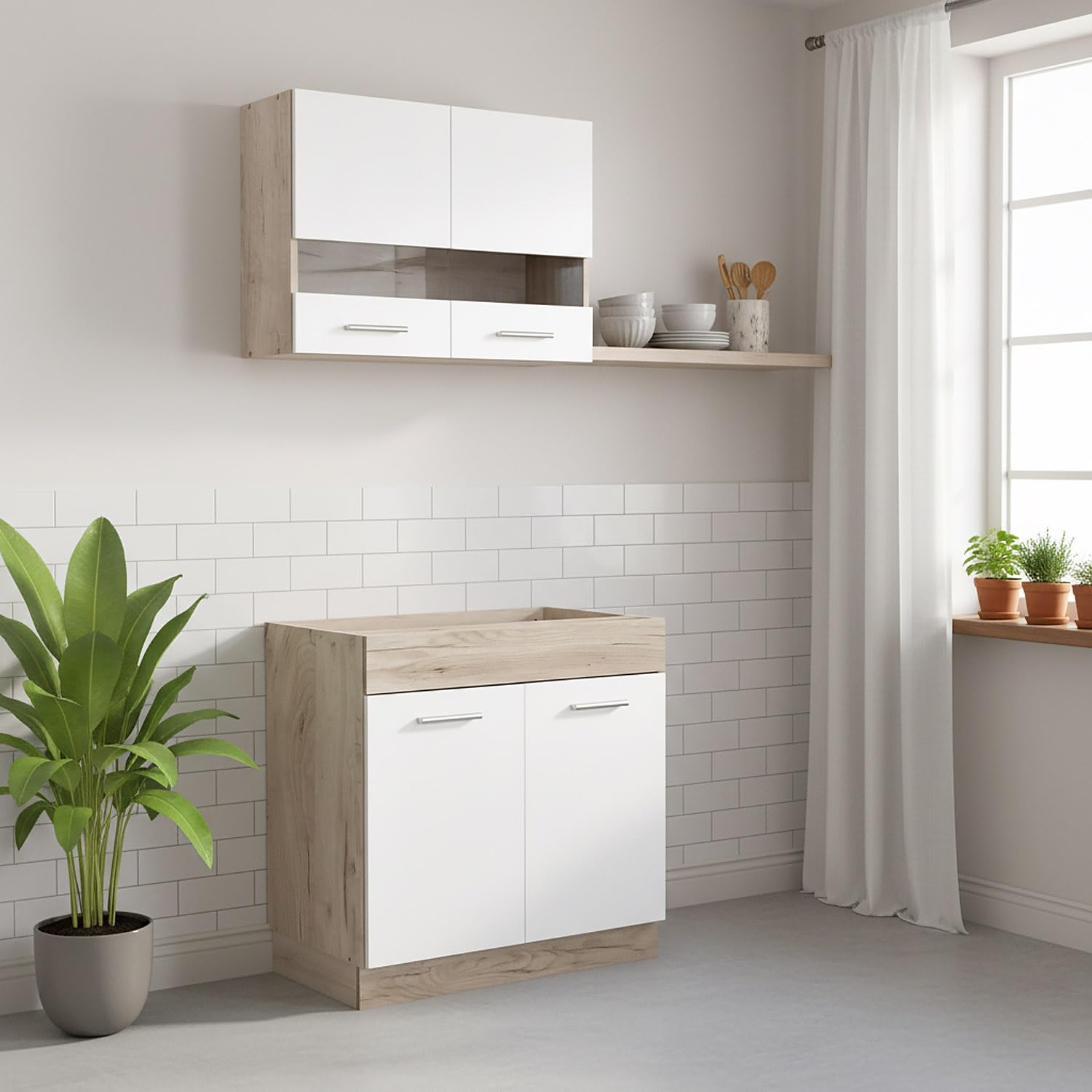 Homestyle4u Singleküche 80 cm - Küchenzeile Weiß/Eiche ohne Geräte