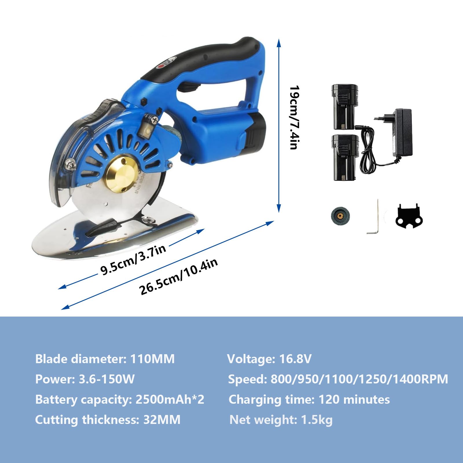 Cortador Rotativo EléCtrico De Tela con Velocidad Ajustable, Tijeras De Tela, Hoja De 110 Mm, Grosor De 1,2" MáQuina De Corte De Tela InaláMbrica para Cuero, Tela, Alfombras