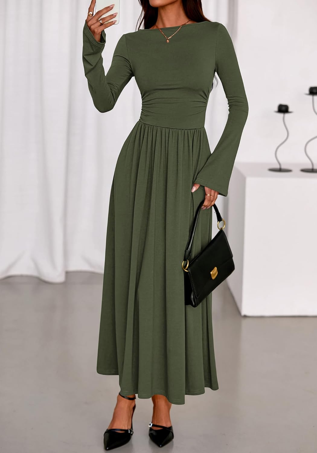 BTFBM Long Sleeve Maxi Dresses for Women 2025 Fall Casual Ruched Boat Neck Flowy Elegant Formal Wedding Guest Dress - Image 5
