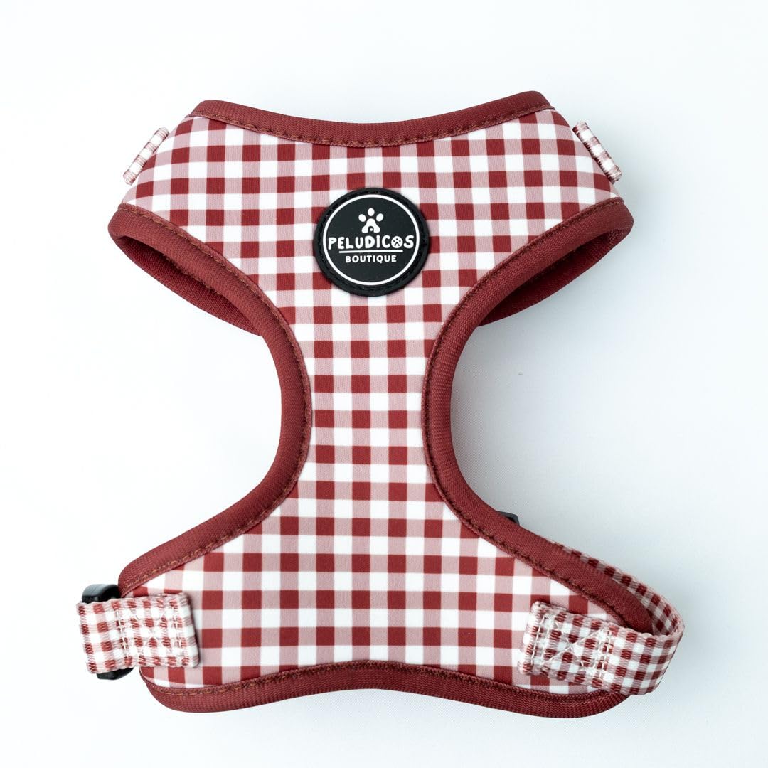 Pack Arnés,Correa y Portabolsas Granate para Perro Ajustables de Neopreno – Diseño Vichy, Cómodos y Resistentes – 5 Tallas