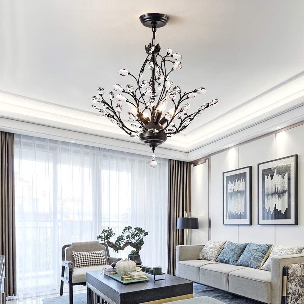 Maxax 4 Lights Modern Crystal Chandelier with 6 Pack LED E12 C35 Dimmable Candle Bulbs, 4W 2700K