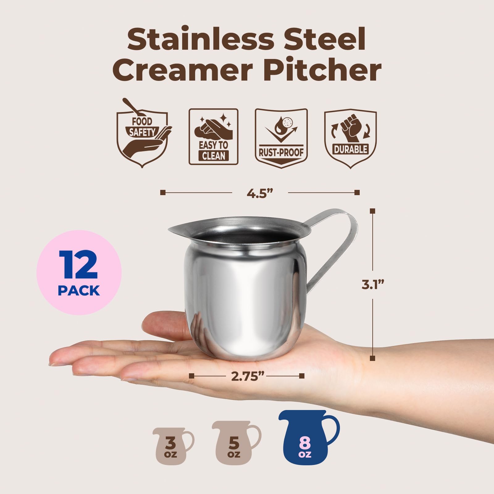 [Paquete de 12] Jarra para crema de 8 onzas, cremas de campana de acero inoxidable, mini recipiente para servir leche, crema de café, aderezo de ensalada, jarabe de arce, azúcar, máquina de café