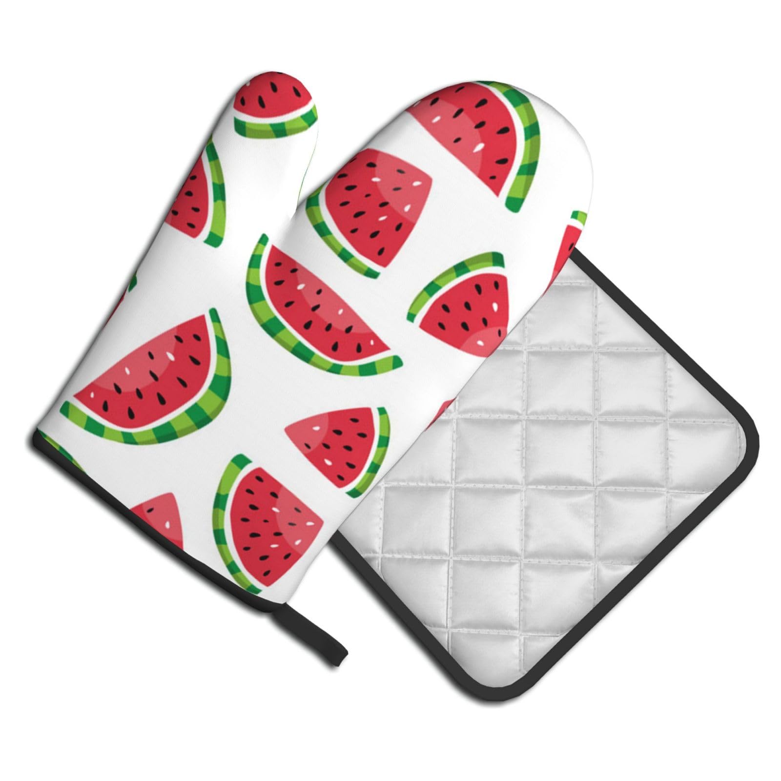 Oven Mitts and Pot Holders Set of 2 Pcs, Watermelon Slice Printed Heat Resistant Kitchen Gloves Potholders for Cooking Baking Grilling