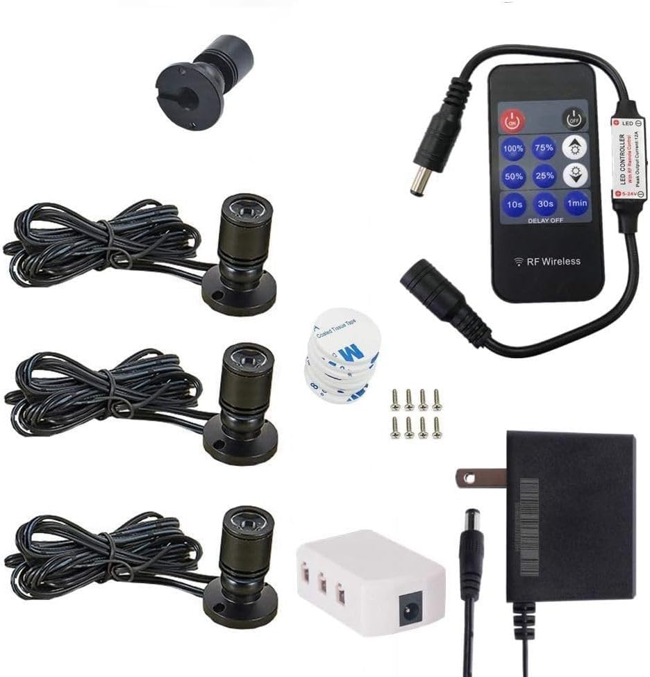 Dimmable Mini Spotlight Art Light Kit with RF Dimmer- 12V 1.5W 100lm,CRI>80 Surface Mounted for Display Cabinet Showcase Showroom (Warm White-Pack 3)