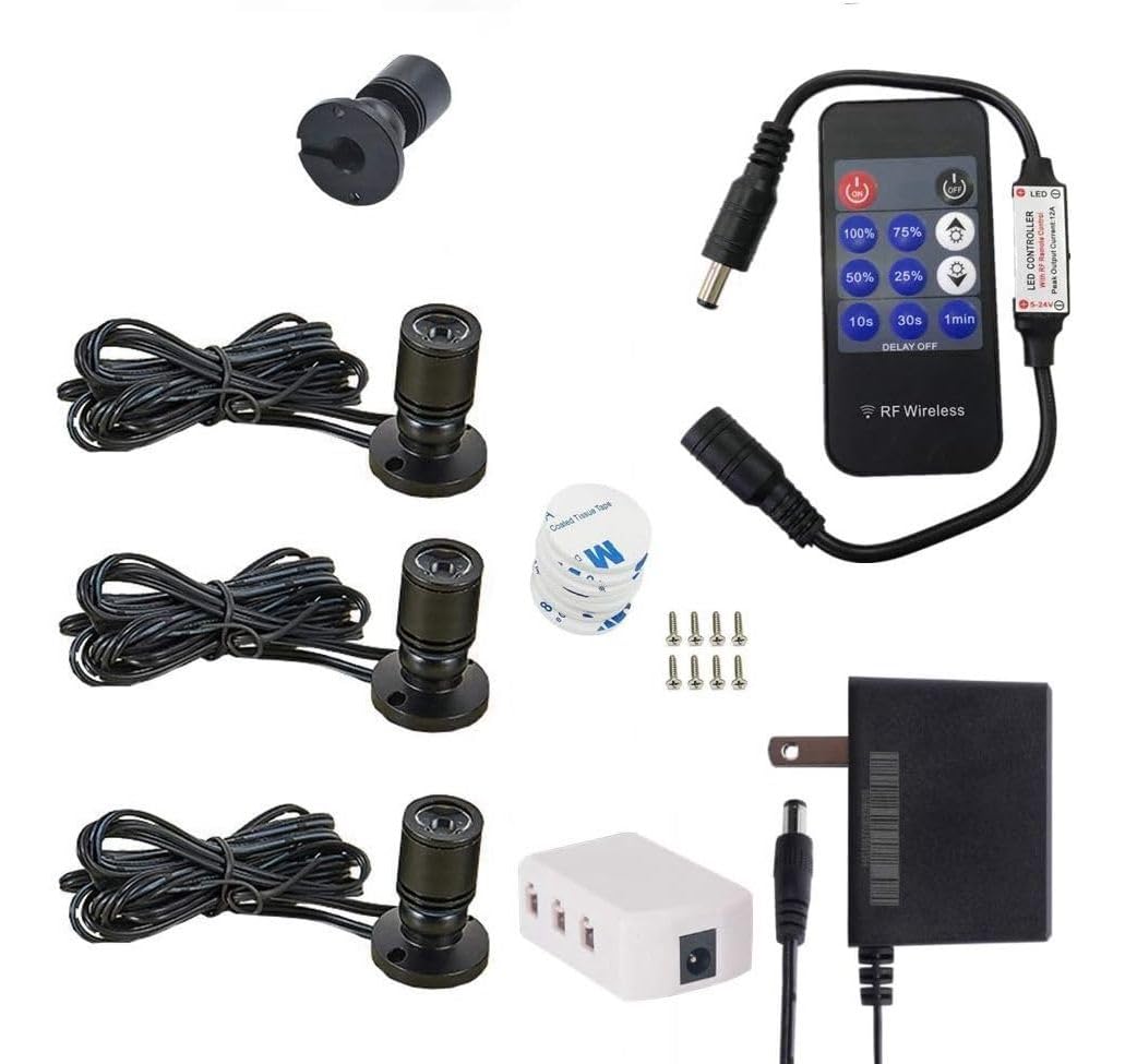 Xking Dimmable Mini Spotlight Art Light Kit with RF Dimmer- 12V 1.5W 100lm,CRI>80 Surface Mounted for Display Cabinet Showcase Showroom (Warm White-Pack 3)