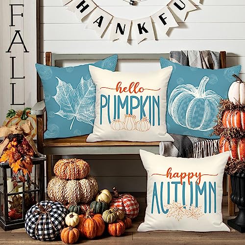 Ywlake Teal 18x18 Throw Fall Pillow Covers Set of 4, Maple Leaf Pumpkin Decorative Holiday 18 x 18 Autumn Cushion Covers Thanksgiving Pillow Case for Indoor Home Bedroom Couch Sofa Decor - Image 4