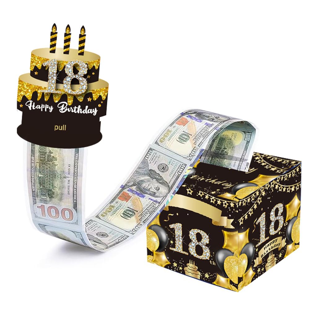 18th Birthday Gifts for Men Women, Black Gold Surprise Money Box Gift Pull, Money Box for Cash Gift Box with Cake Design, Birthday Money Box Party