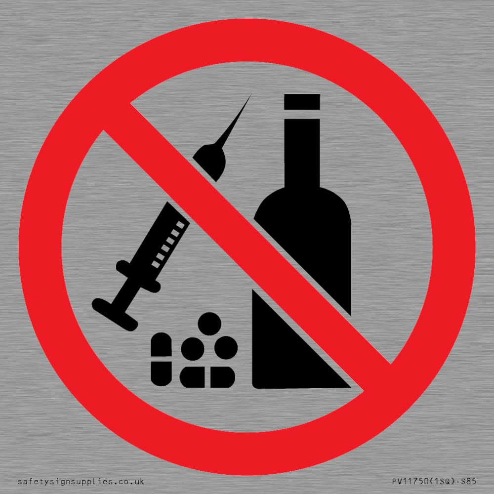 P908 Prohibition: No alcohol or drugs Sign - 85x85mm - S85