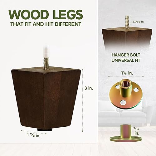 Miniatura 3 de Yes4All Juego de 4 patas cuadradas de madera para muebles de 3 pulgadas - Pies de repuesto de madera para sofá - Patas cónicas con nivelador para