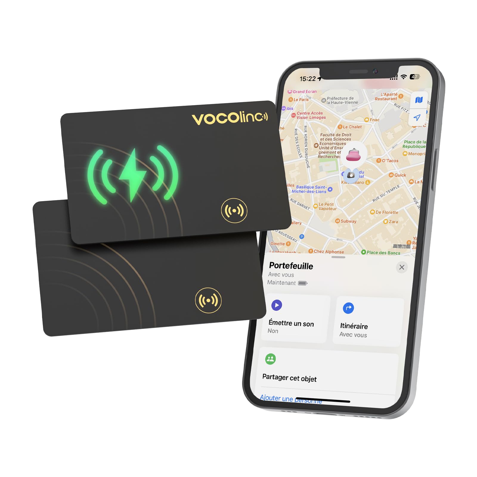 VOCOlinc Rechargeable Wallet Tracker Card Ultra Fin, Air Tag Traceur Carte Lot de 2, Bluetooth Localisateurs d’Objets Compatible avec Apple Localiser (iOS Uniquement) pour Portefeuille Bagages Valise