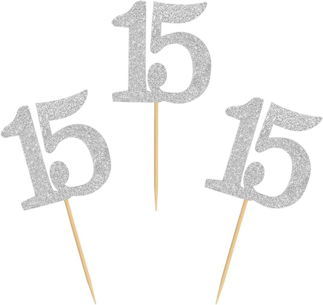 50pcs 15th Cupcake Toppers Silver Glitter Number 15 Cake Picks for Birthday Wedding Anniversary Party Decorations