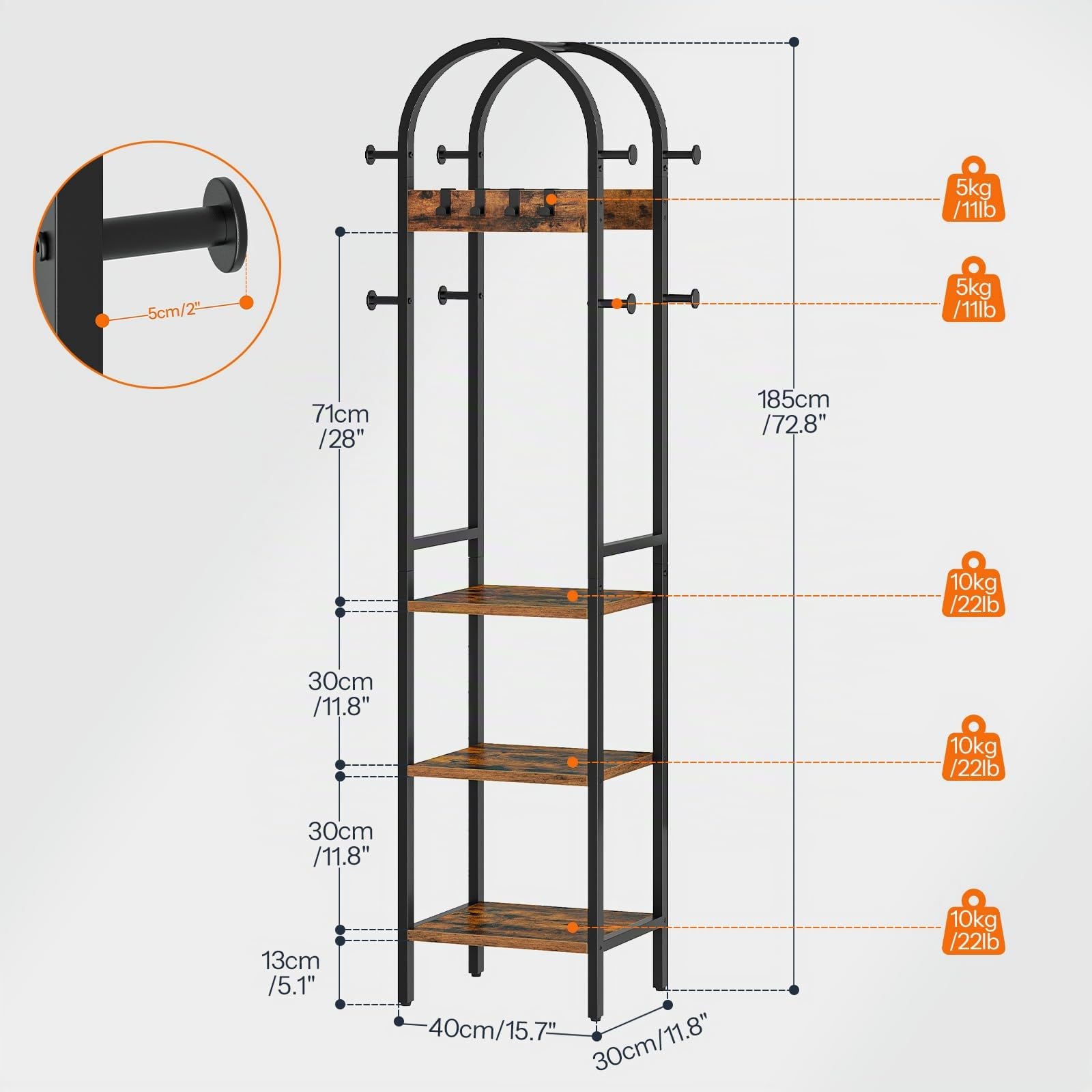 HOOBRO Perchero de Pie con 12 Ganchos y 3 Estantes de Almacenamiento, para Ropa, Sombreros, Bolsos y Accesorios, Entrada, Sala de Estar, Dormitorio, Marrón Rústico y Negro EBF40YM01