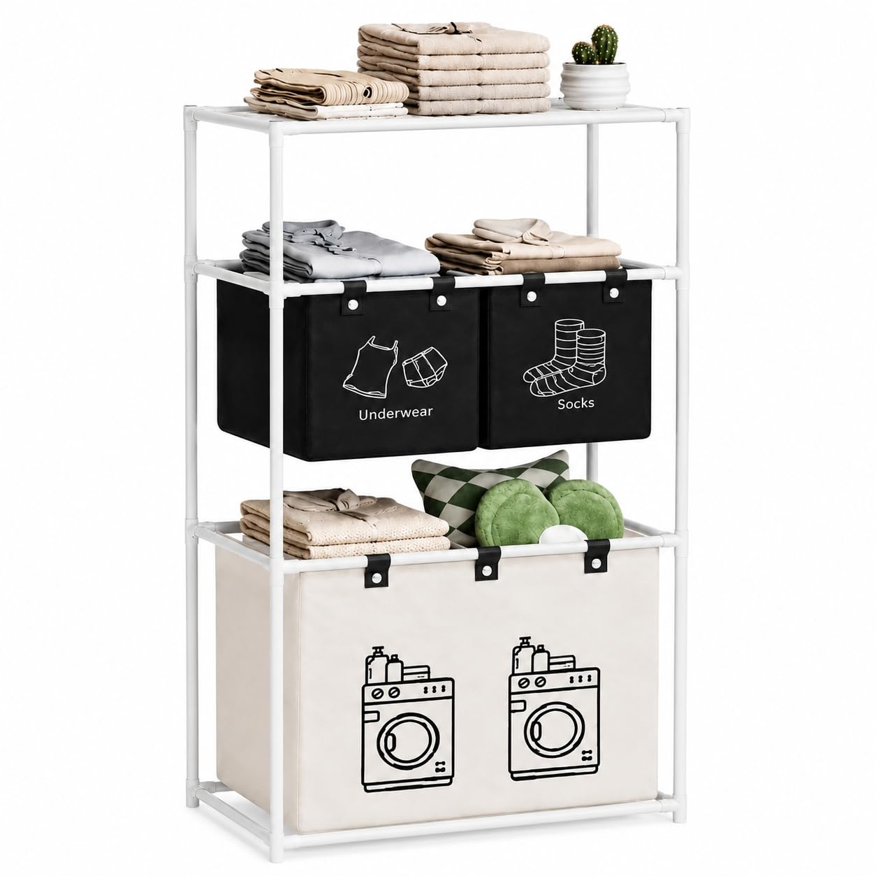 Porta biancheria sporca per Bagno a 3 Livelli - Portabiancheria Salvaspazio Lavanderia Divisorio - (115 x 55 x 25 cm) - Organizer Bucato per Bagno, Camera, Ripostiglio - Montaggio Semplice