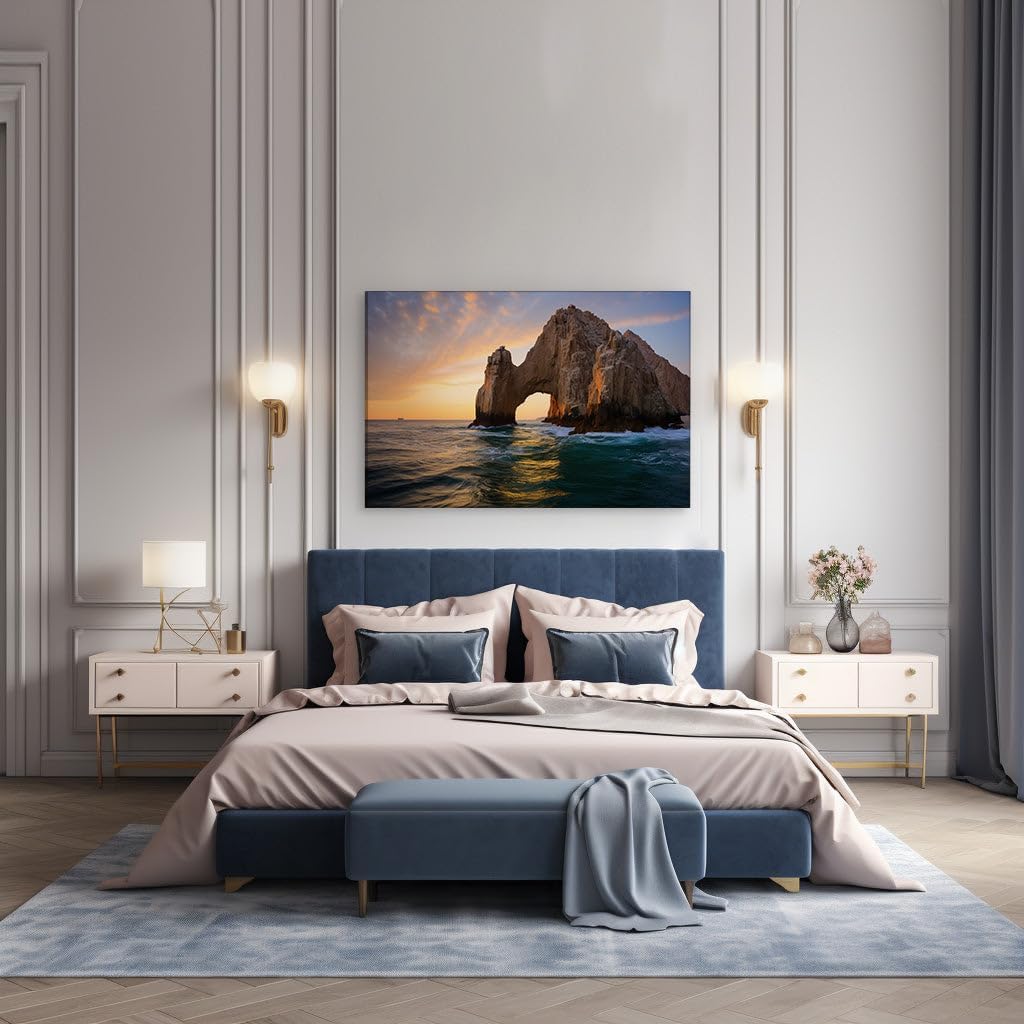 Canvas for Living room. Land's End Arch in Cabo San Lucas - A Sunset Spectacle of Warm Hues and Serenity, 27 x 18 inch Canvas Wall Art - Ready to Hang