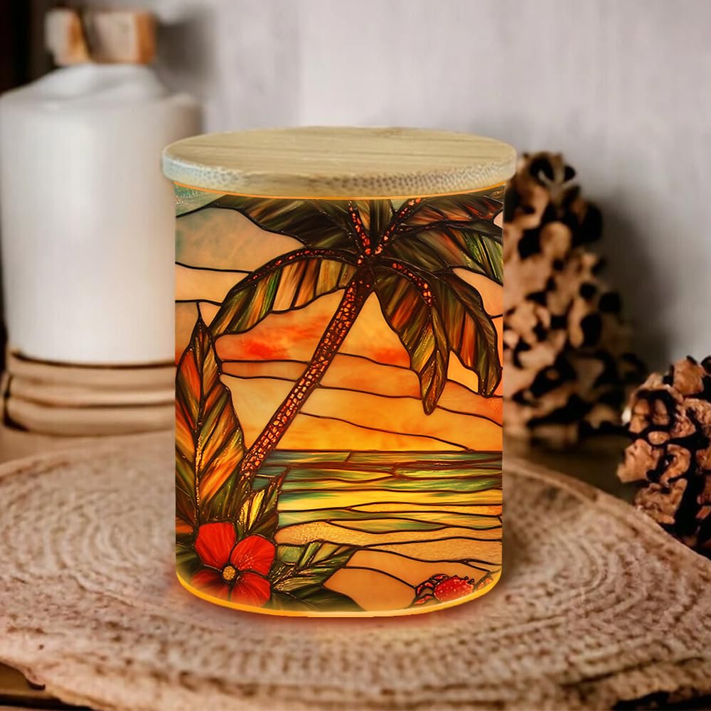 Photophore en verre teinté pour décoration de la maison, bougeoirs en forme de fleurs avec couvercle en bambou, palmiers pour Thanksgiving, Noël, anniversaire