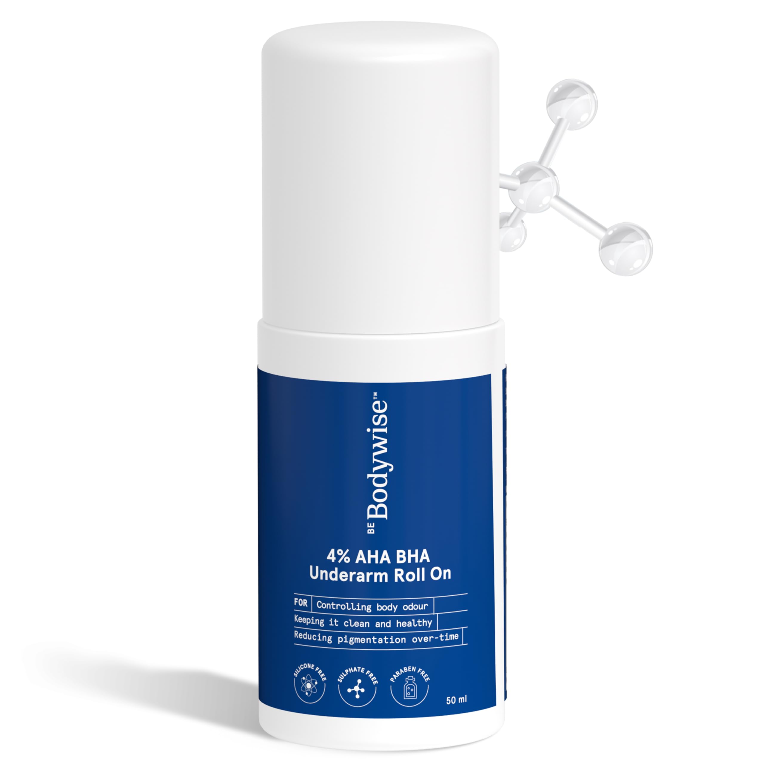 Be Bodywise4% AHA BHA Underarm Roll On | Fragrance Free | 1% Mandelic Acid, 2% Lactic Acid & Alpha Arbutin | Prevents Body Odour, Fades Pigmentation, Kills Bacteria | Alcohol Free | 50ml
