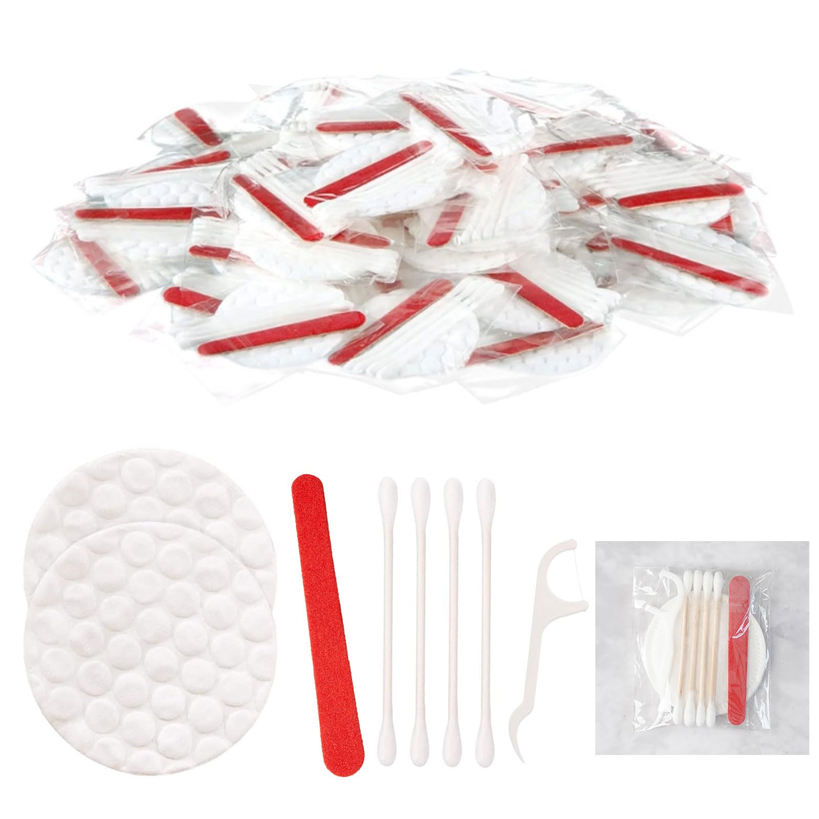 Hotel Vanity Set,Hotelbedarf Toilettenartikel einzeln verpackt,Hotel Vanity Kit mit Wattepads, Wattestäbchen,Zahnseide und Nagelfeile,Mini Reiseprodukte,Kosmetik Set (200 Stück)