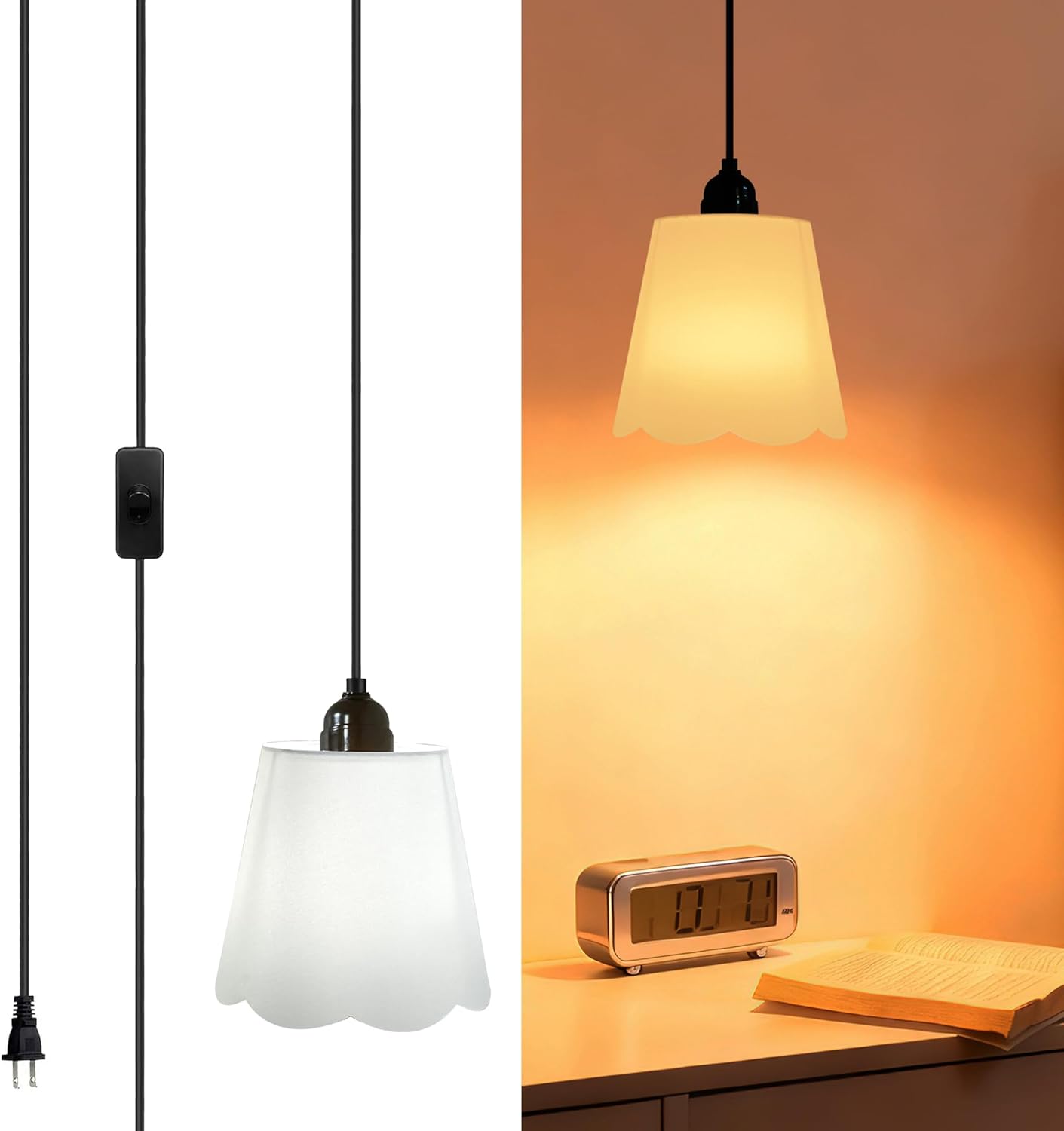 Hanging Lamp Plug in Pendant Light, Hanging Light with 15Ft Cord, On/Off Switch, White Linen Shade, Hanging Light Fixture for Ceiling Bedroom Kitchen Living Room Dining Table Plant Shelf