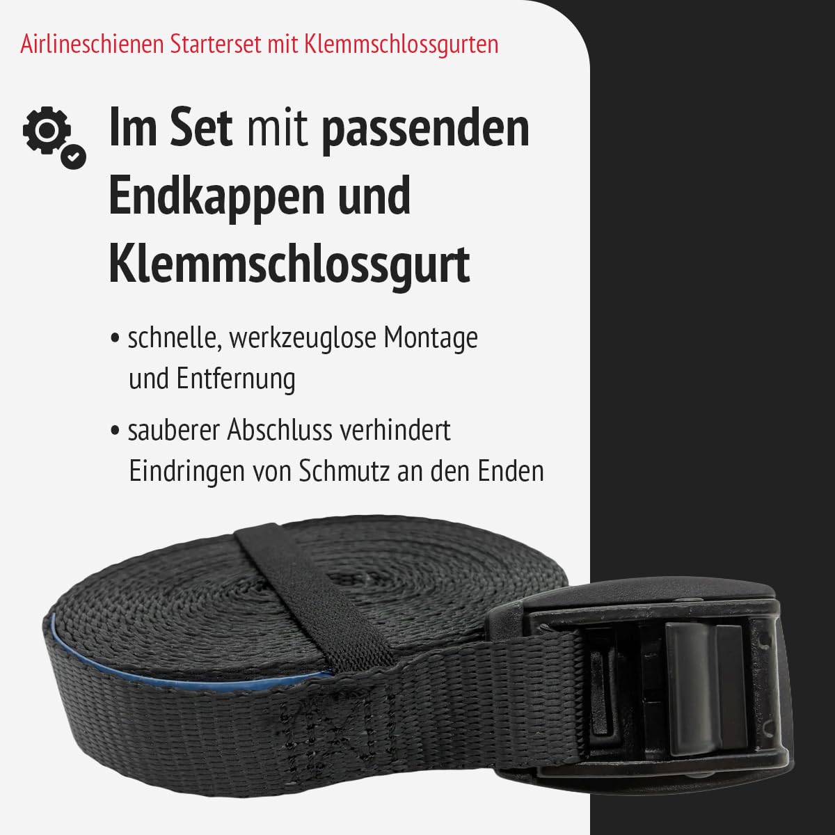 Set 2X Airlineschienen 1.0 m, 4X Endkappen und 4X Klemmschlossgurte, schwarz KTL-beschichtet, gebohrt, halbrund, 50 x 11,5 mm, Zurrschiene für Transporter, Wohnwagen, Sprinter