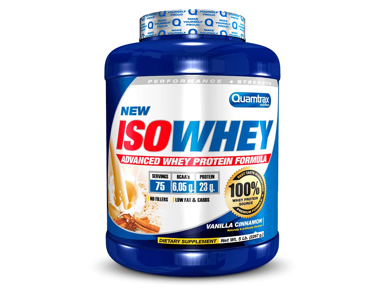 Quamtrax Nutrition - Iso Whey (Proteína de Suero de Leche Aislada) - 5 lb - Sabor Vainilla con Canela - Alto contenido proteico, rápida absorción y bajo en grasas