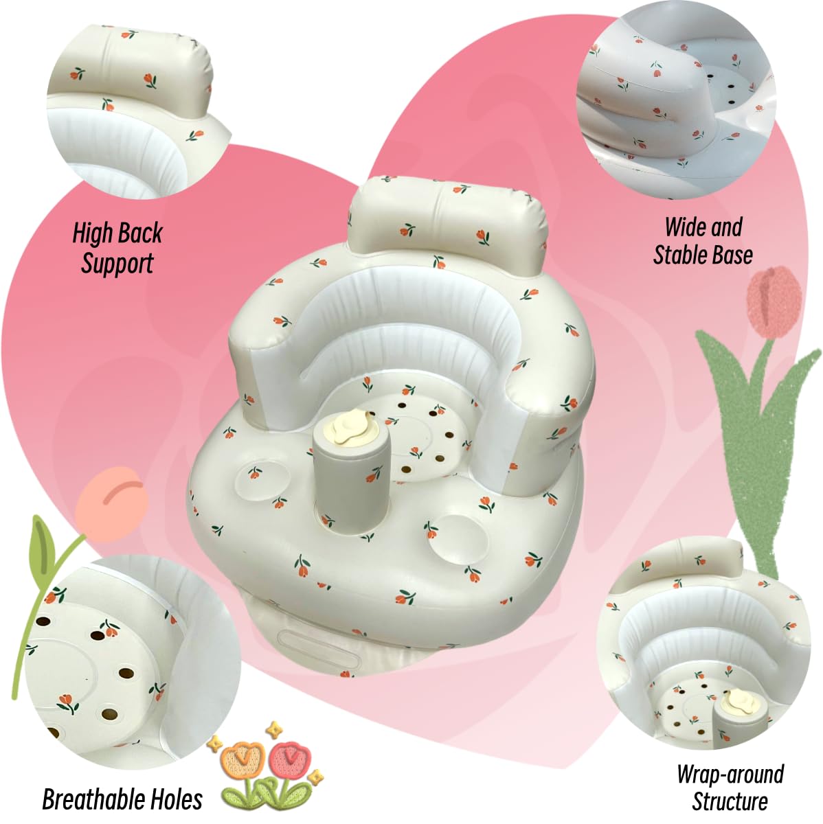 Aufblasbarer Baby-Sitz für Babys ab 4-24 Monaten,Baby-Rückenstützsofa,Boden-Sitzunterstützung zum Sitzen lernen (Tulpe+Sofabezug)